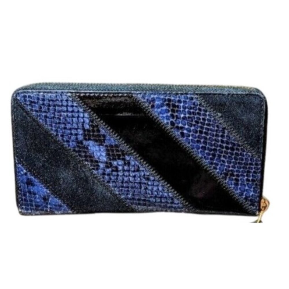 Tory Burch Gemini Link Black & Blue Snakeskin Python Full Zip Continental Wallet